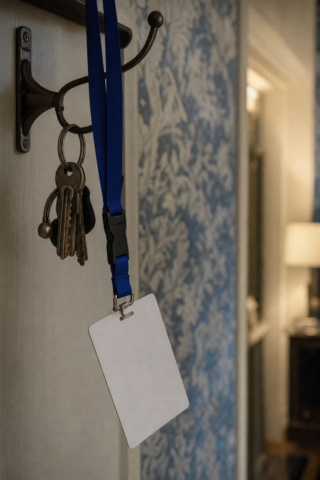 A lanyard and blank ID card hanging by a domestic front door beside a set of keys.