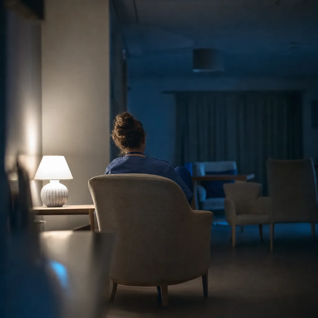 A care worker sitting alone in the lamplit lounge of a group home on a waking night shift.