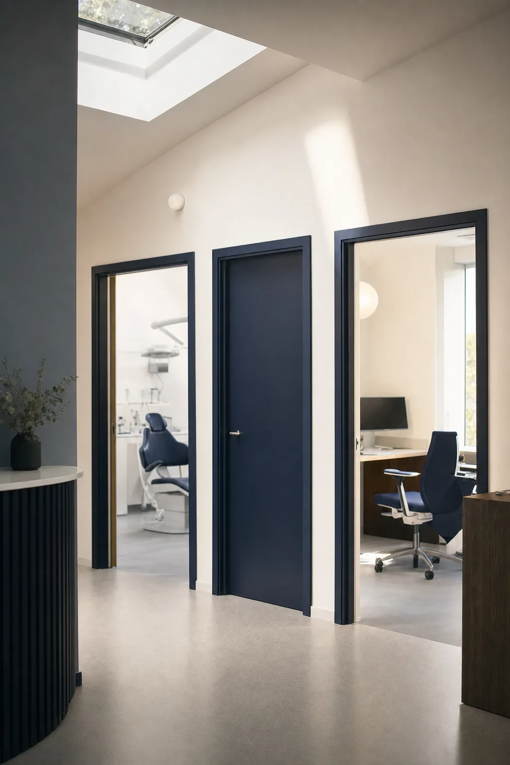 A clinic corridor with three consulting-room doors, two open and one closed.