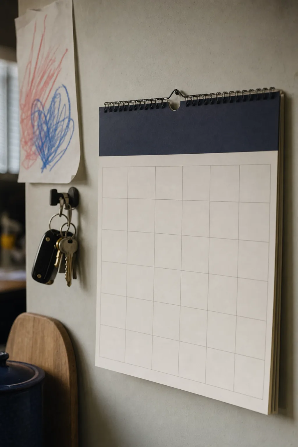 A family calendar on a kitchen wall beside hanging keys and a child's drawing.
