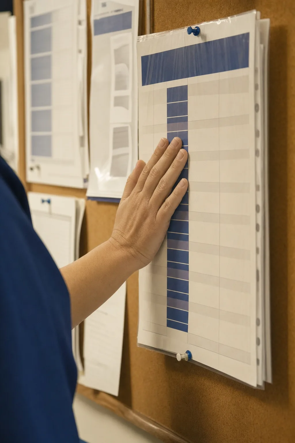 A hand resting on a shift roster pinned to a corkboard in a hospital break room.