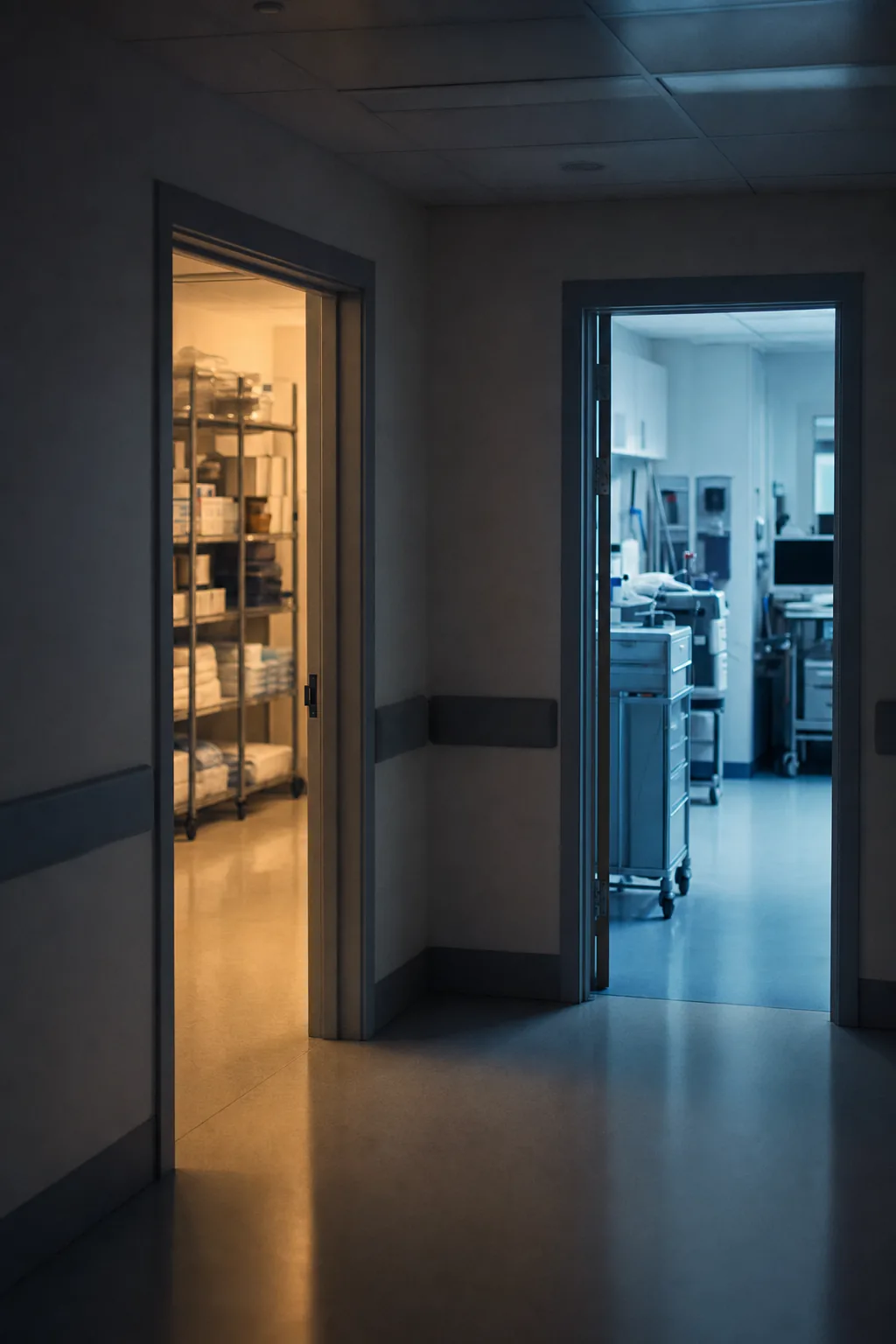 A corridor between hospital departments at dusk, one doorway warm, one lit cool blue.