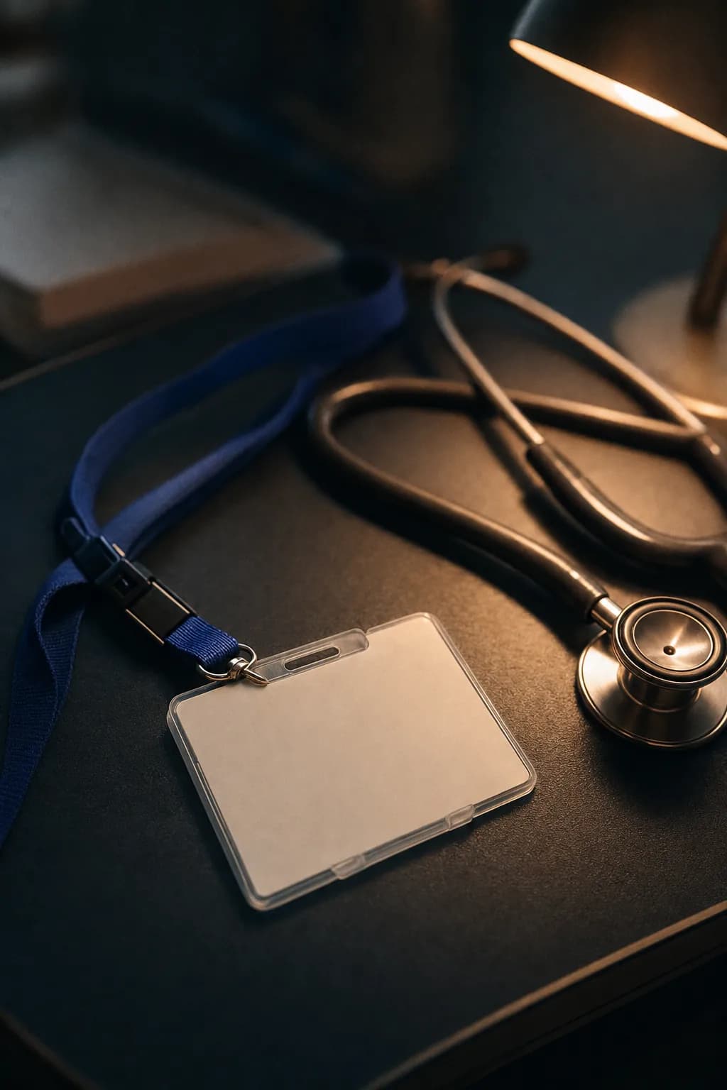 A hospital ID badge and lanyard on a desk beside a stethoscope, lit by a single lamp.