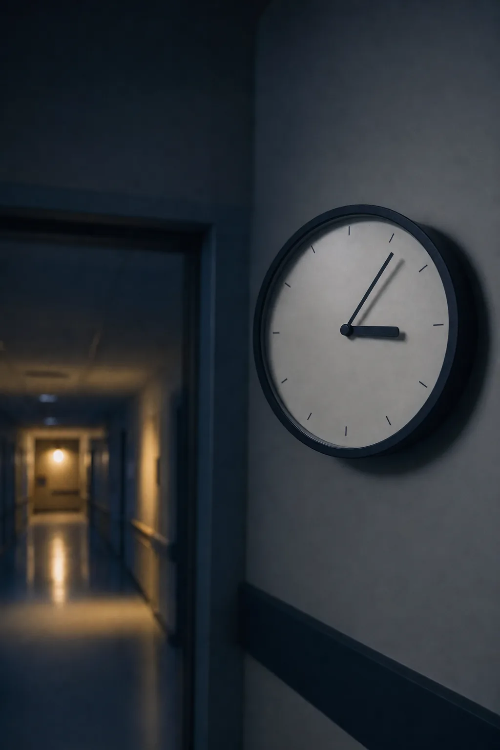 A wall clock reading a little after three in a dim hospital corridor.