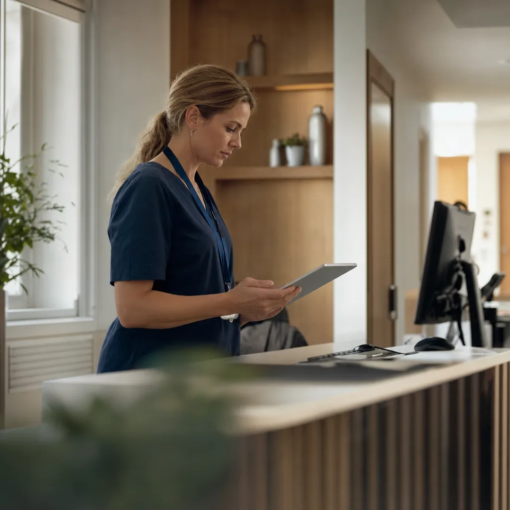 A practice manager reading a tablet at the front desk of a small clinic in morning light.