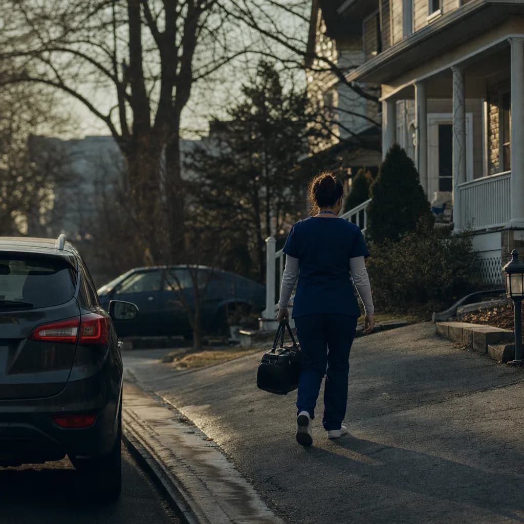 A home care aide walking up a residential driveway toward a client's front porch.