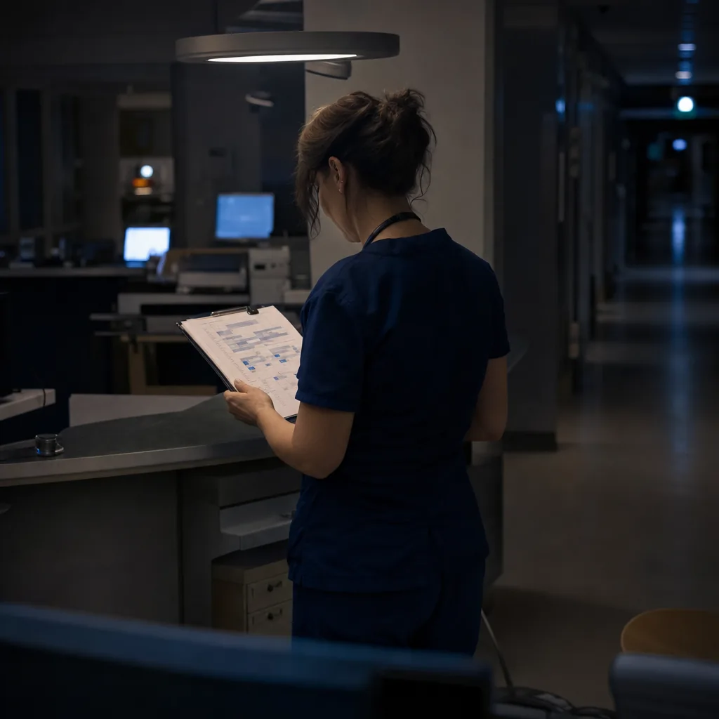 A charge nurse reading a printed schedule at a hospital nurses' station at night.