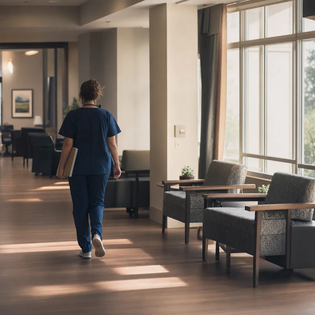A nurse carrying a folder through the sunlit common room of a skilled nursing facility.