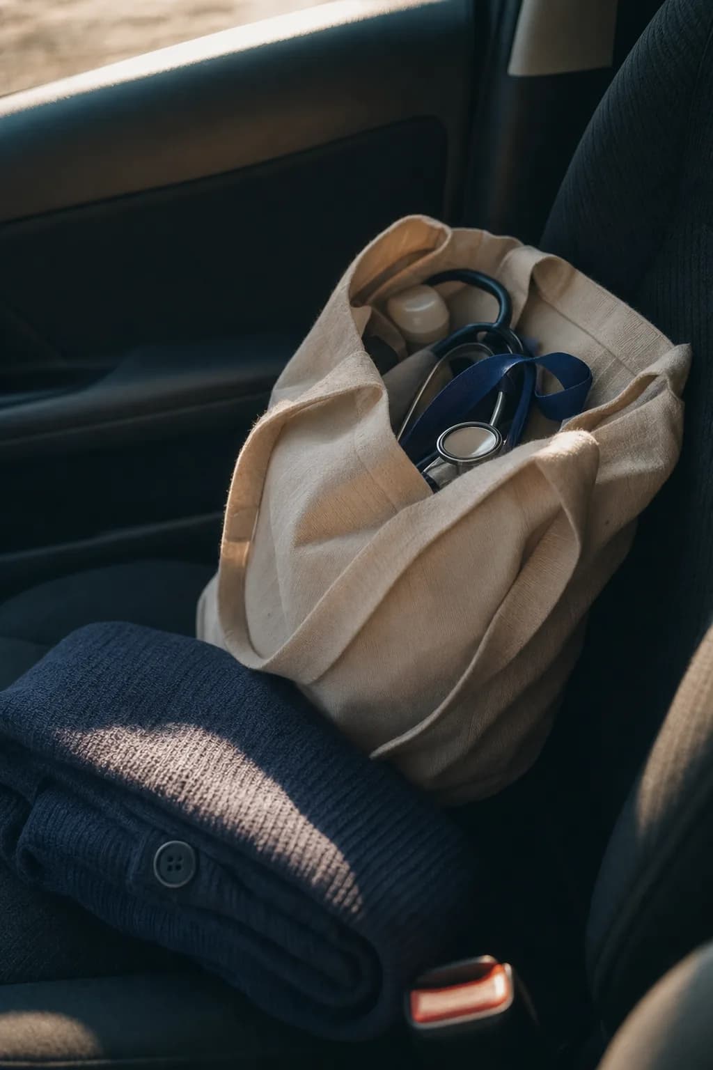 A home care aide's canvas bag on the passenger seat of a car in morning sun.