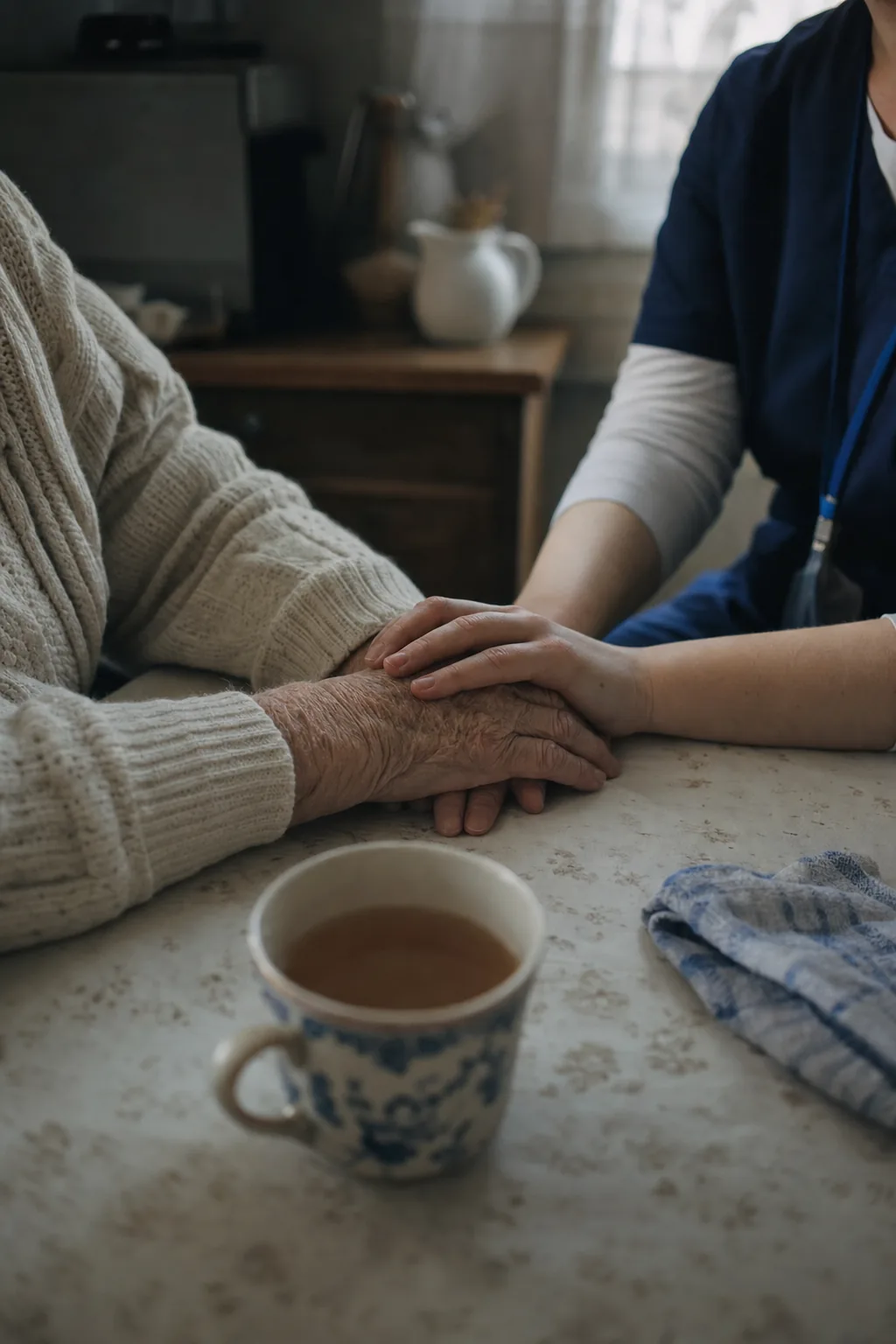 An older person's hands and a caregiver's hands together at a kitchen table over tea.