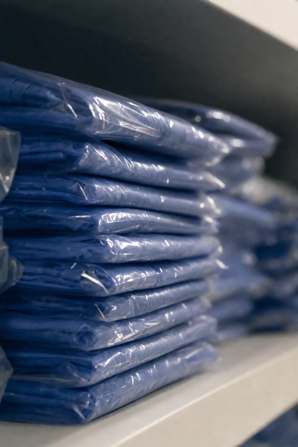 A stack of folded fresh scrubs on a shelf in a hospital supply room.