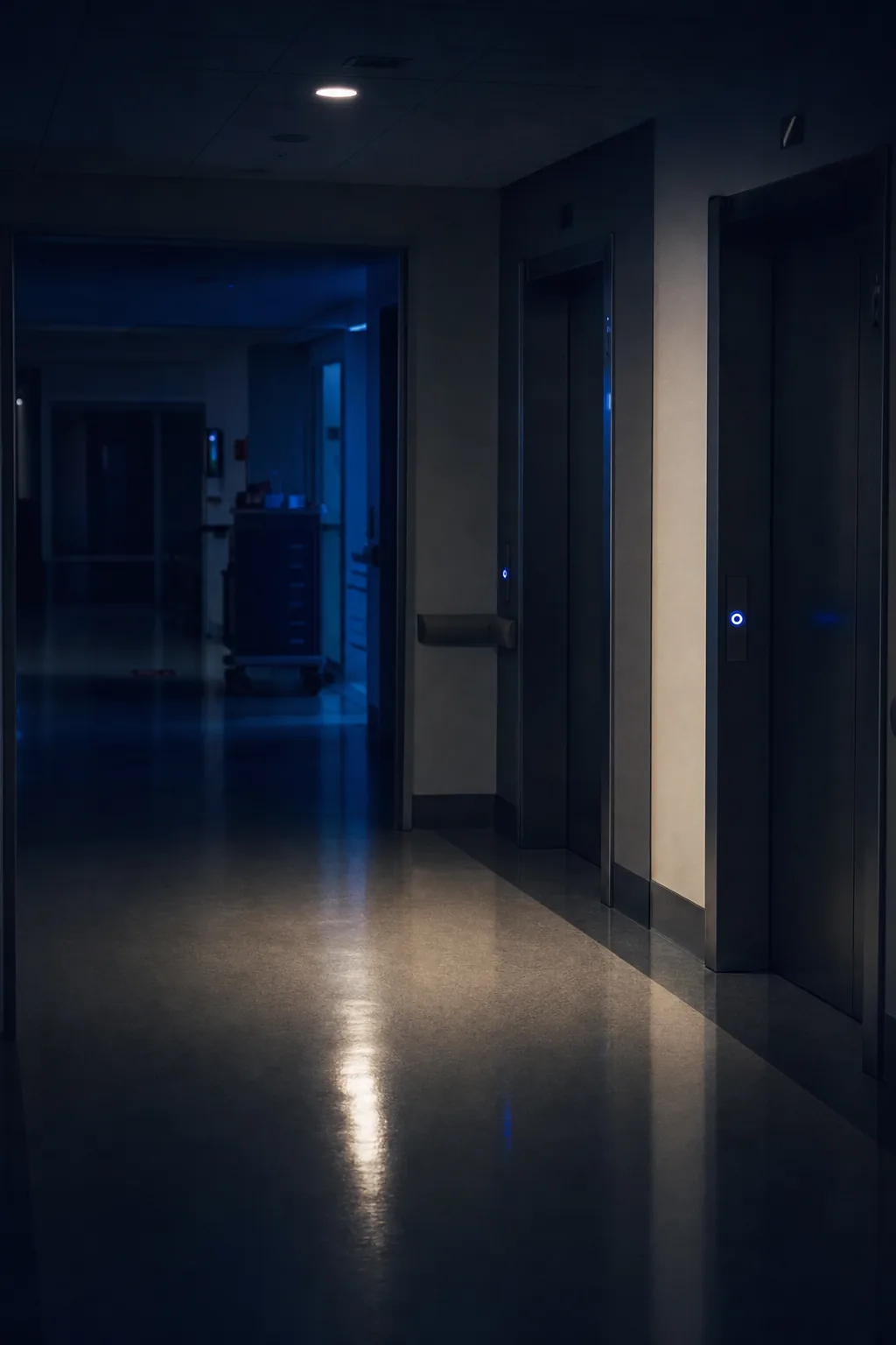 An empty hospital elevator lobby late at night, polished floor reflecting one light.