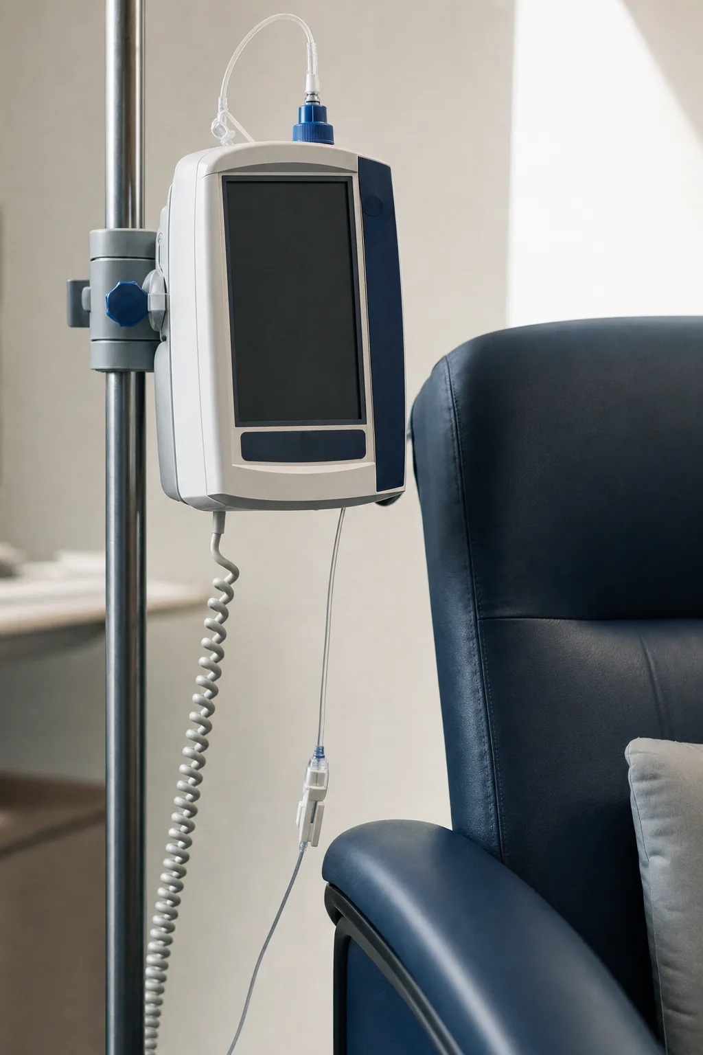 An infusion pump and IV pole standing ready beside an empty treatment chair.