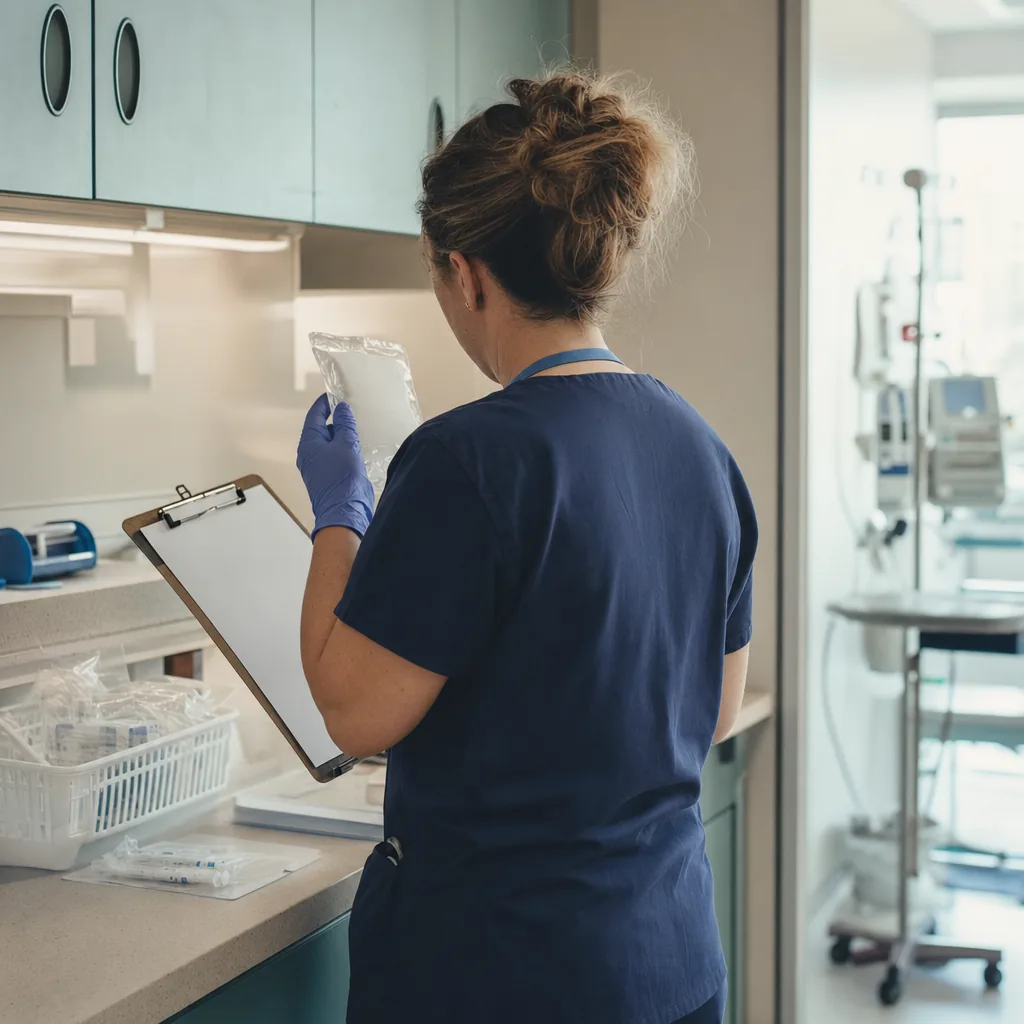 An oncology nurse at a preparation counter checking a bag against a clipboard.
