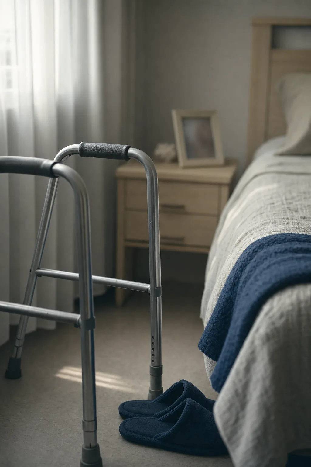 A walking frame and slippers beside a made bed in a nursing home resident's room.