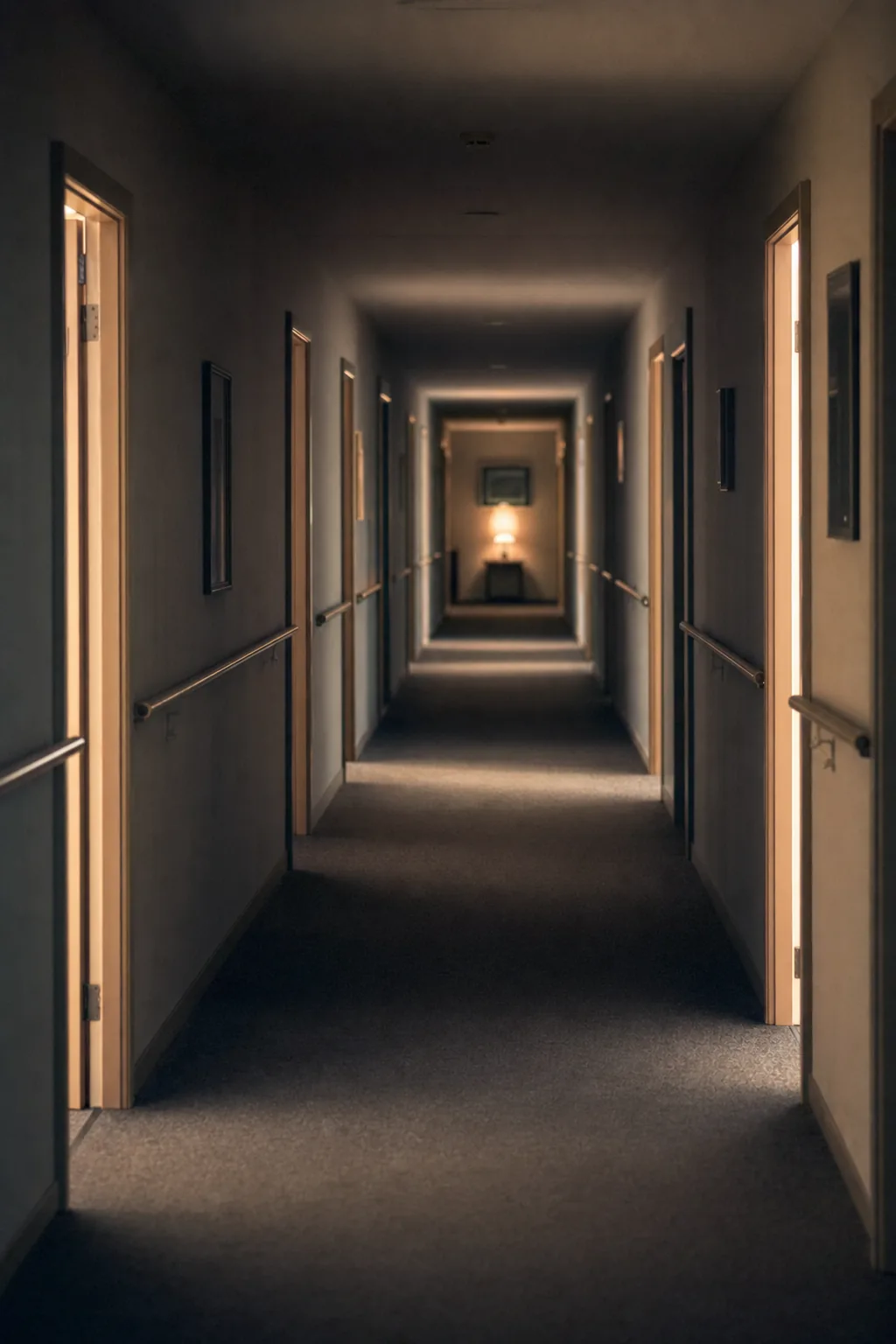 A carpeted nursing home corridor at evening, warm light spilling from doors left ajar.