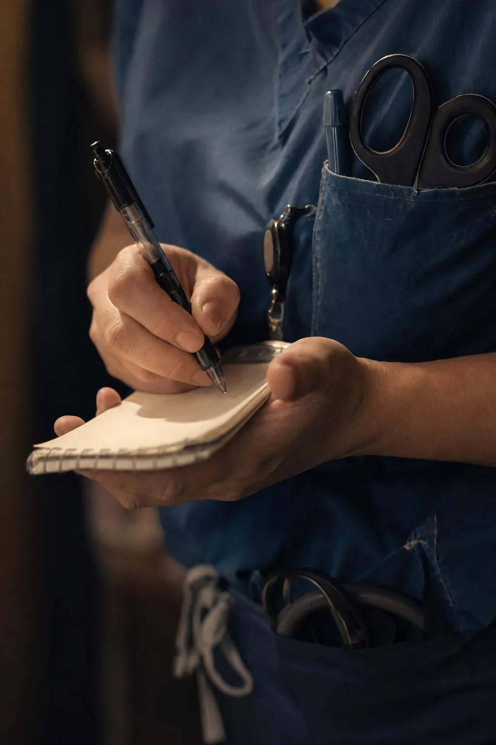 A nurse's hands writing on a notepad kept in a scrub pocket beside trauma shears.