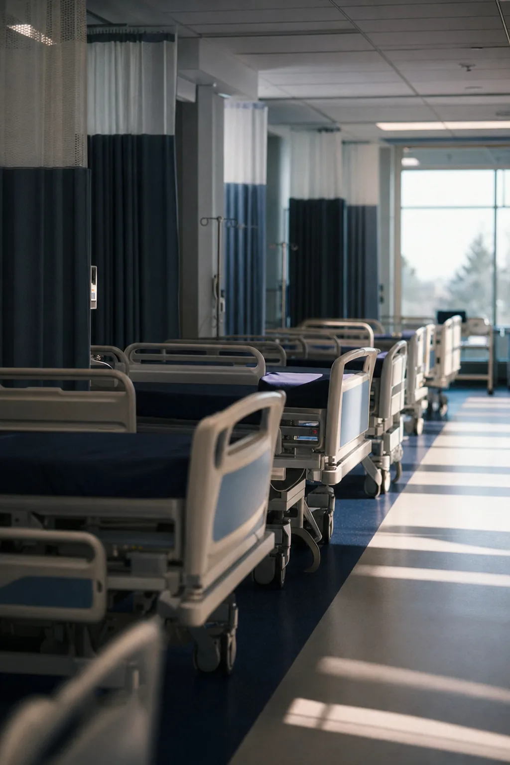 A row of empty beds in a bright med/surg bay, morning light across the floor.