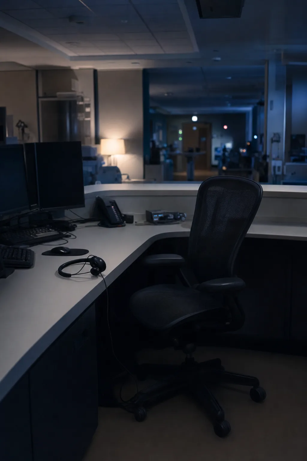 An empty hospital switchboard desk at night, a headset resting on the counter.