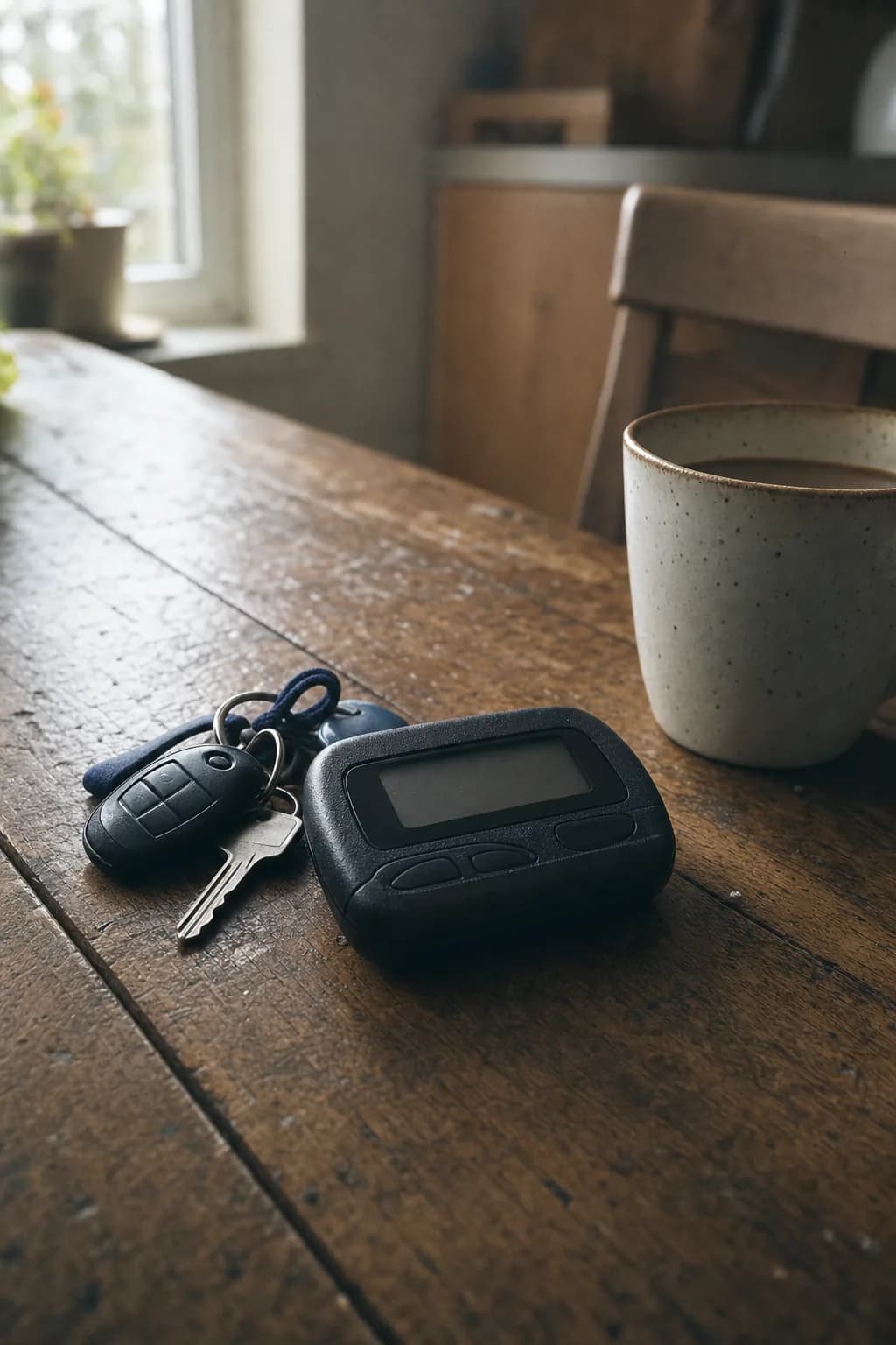 A pager and car keys on a kitchen table beside a cooling cup of coffee at dawn.