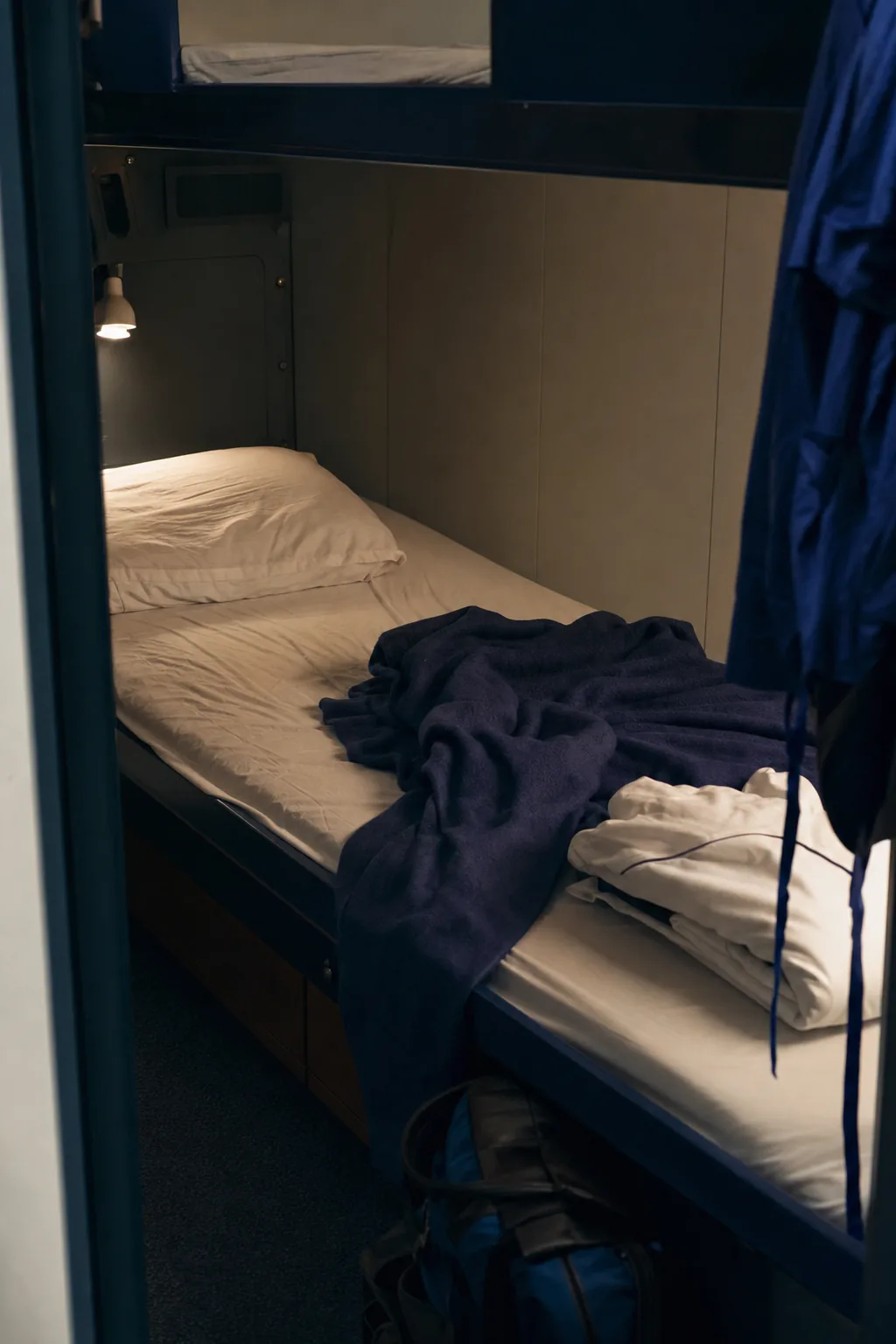 An unmade call-room bunk in a windowless room, a folded white coat at the foot.