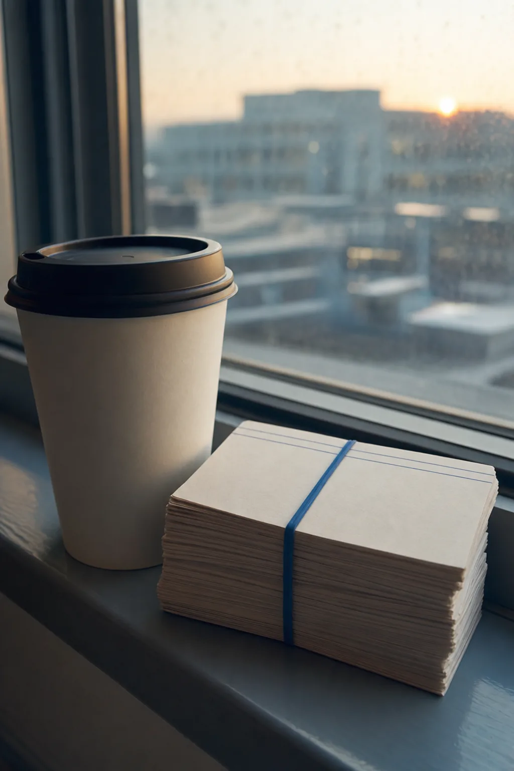 A coffee cup and a banded stack of index cards on a windowsill at dawn.